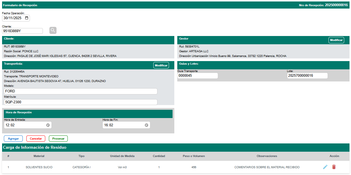 Registro de recepción de residuos