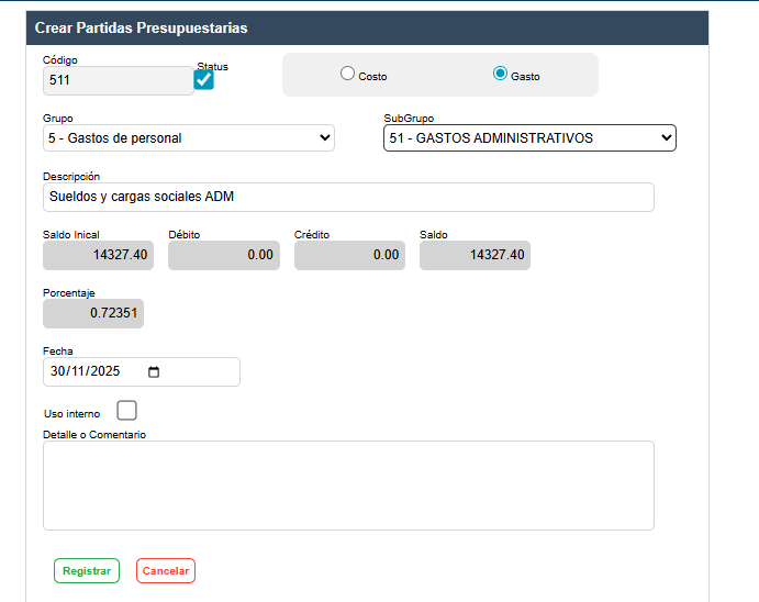 Vista de cuentas presupuestarias